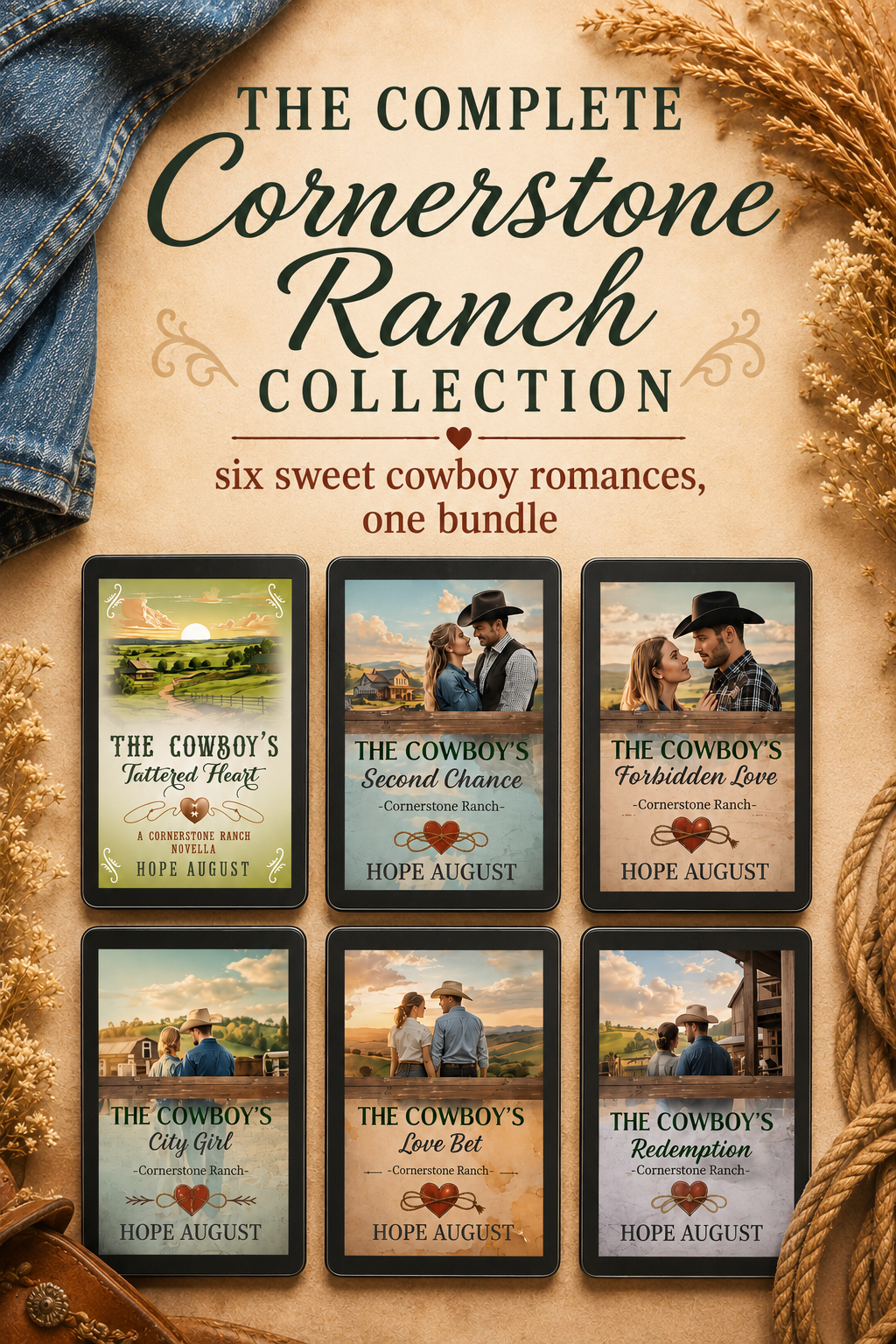 Complete Cornerstone Ranch ebook bundle — all six clean cowboy romance covers displayed on tablets by Hope August