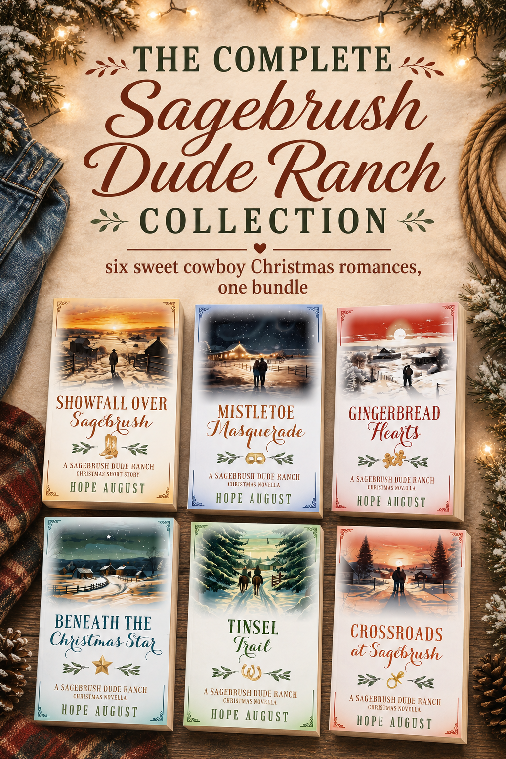 Complete set of clean cowboy romance books on a couch with 'Snowfall Over Sagebrush' by Hope August visible