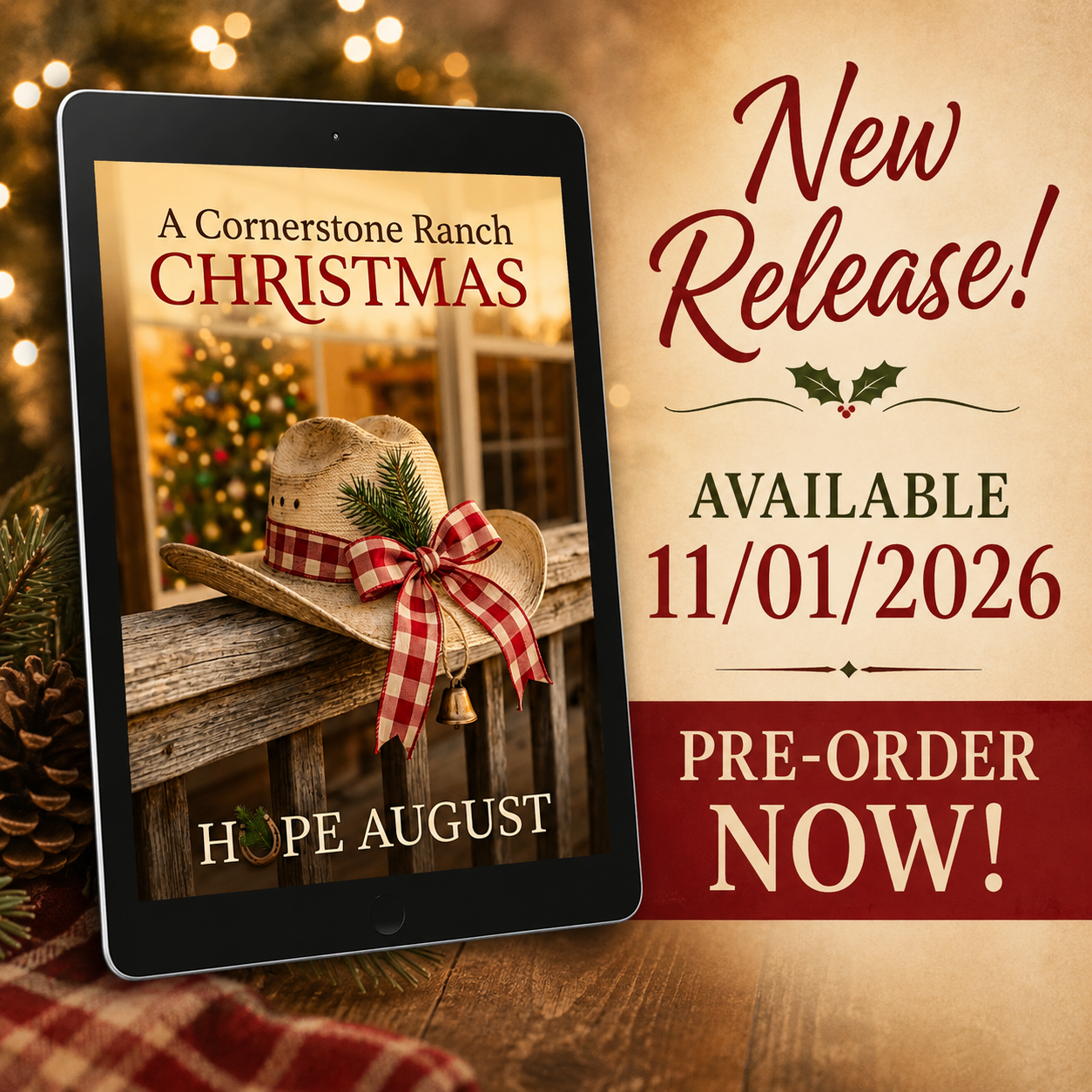A digital book cover for 'A Cornerstone Ranch Christmas' by Hope August is displayed on a tablet screen, set against a rustic holiday background with pinecones, evergreen branches, and warm bokeh lights. The right side features promotional text reading 'New Release! Available 11/01/2026' and 'Pre-Order Now!'.