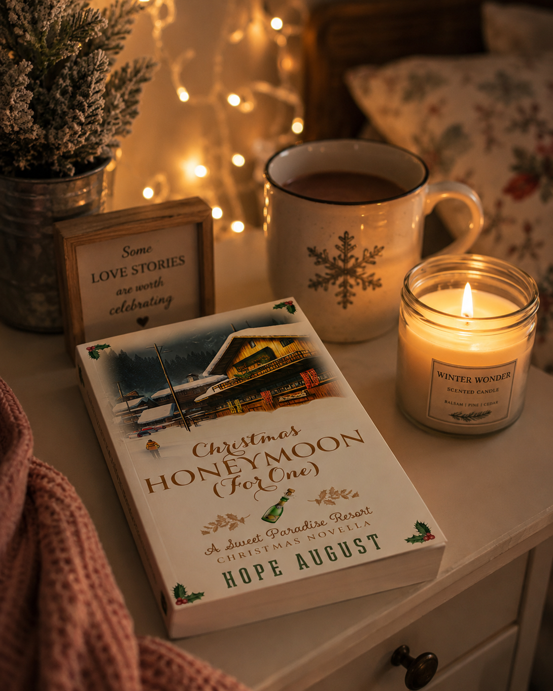 Book titled 'Christmas Honey Moon (For One)' by Hope August with a lit candle and mug in a cozy setting.
