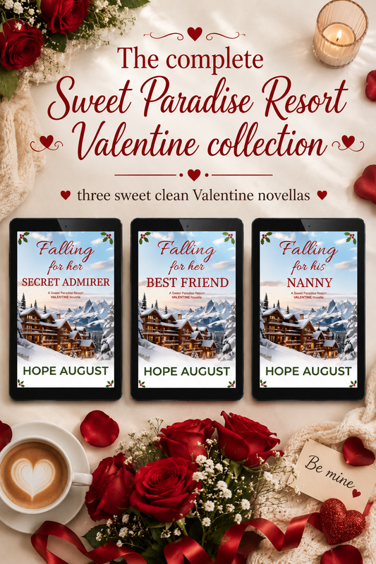 Clean romance book cover of 'The complete Sweet Paradise Resort Valentine collection' by Hope August, featuring three smartphone screens with book covers and romantic elements.