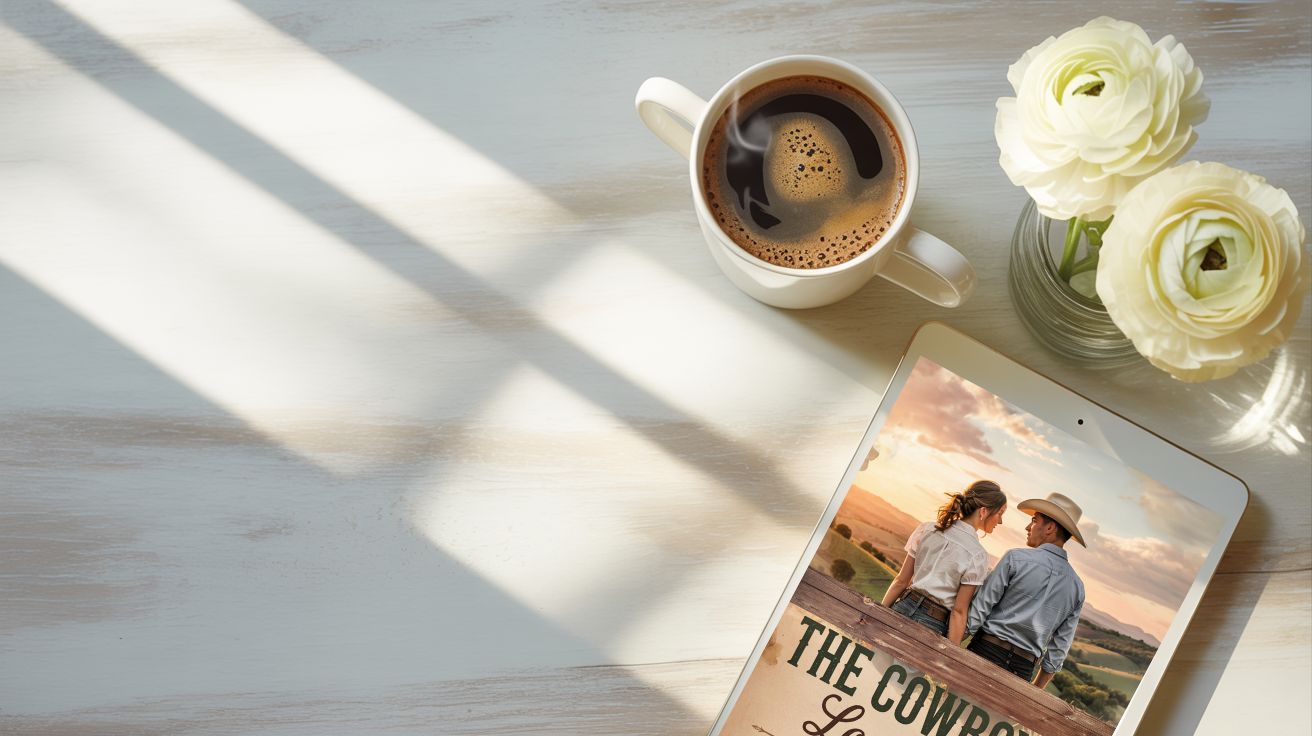 Steaming coffee cup, white ranunculus flowers, and a tablet on a sunlit table — Hope August clean romance books