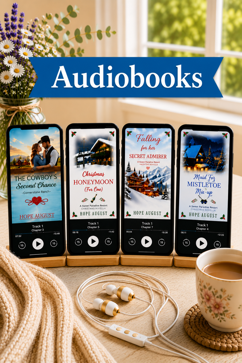 Four smartphone screens displaying audiobook covers with a cup of coffee and earphones on a table.