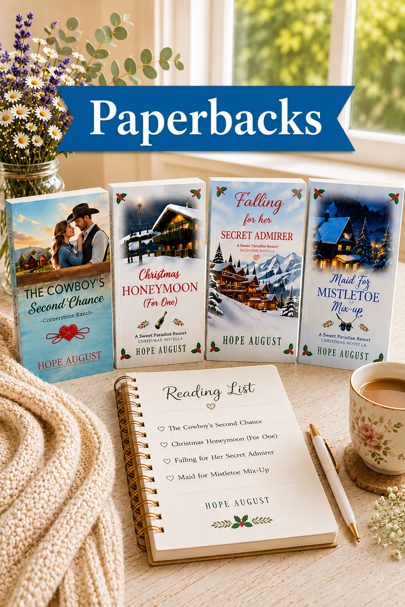 Four book covers on a table with a reading list and coffee cup, featuring Hope August's romantic novels.