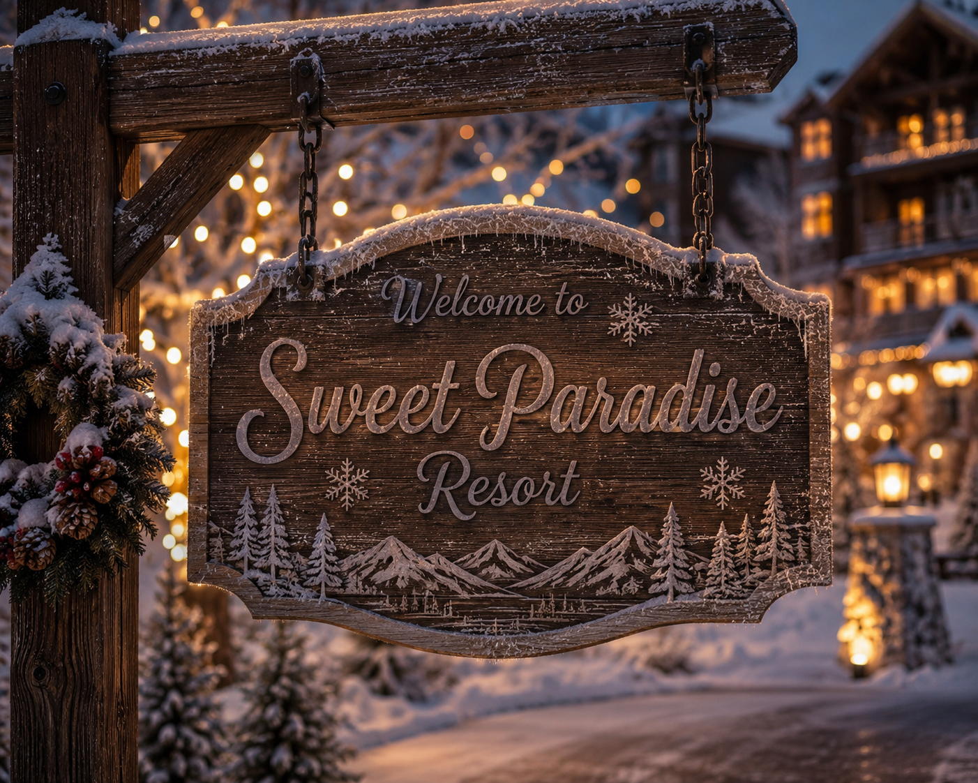 Wooden sign for Sweet Paradise Resort in a snowy, festive setting with lights and decorations.